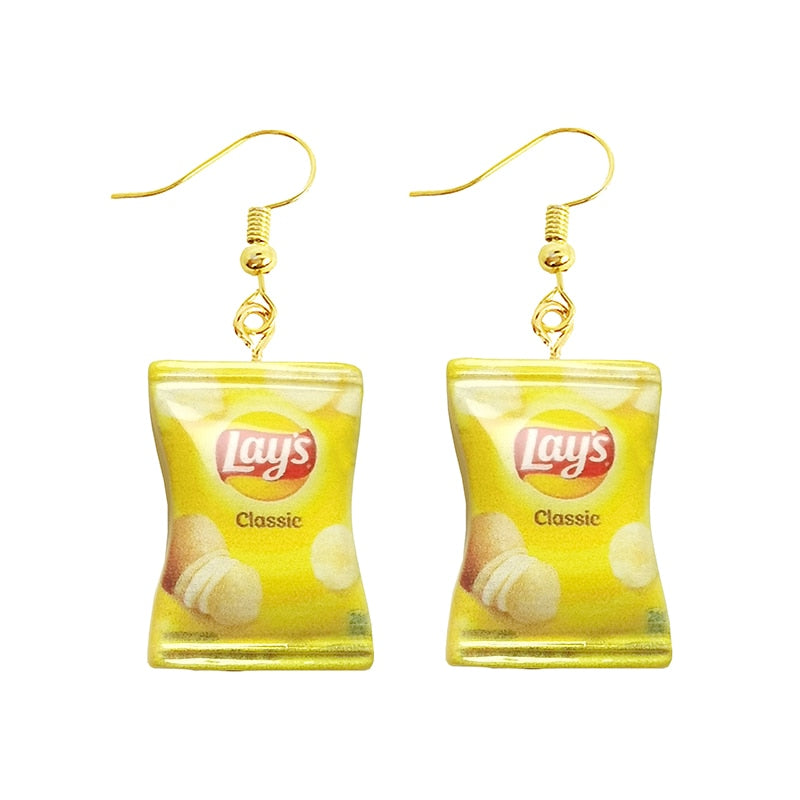 Yellow Bag Potato CHips Funny Drop Earrings Women Art Fashion Cartoon Earrings