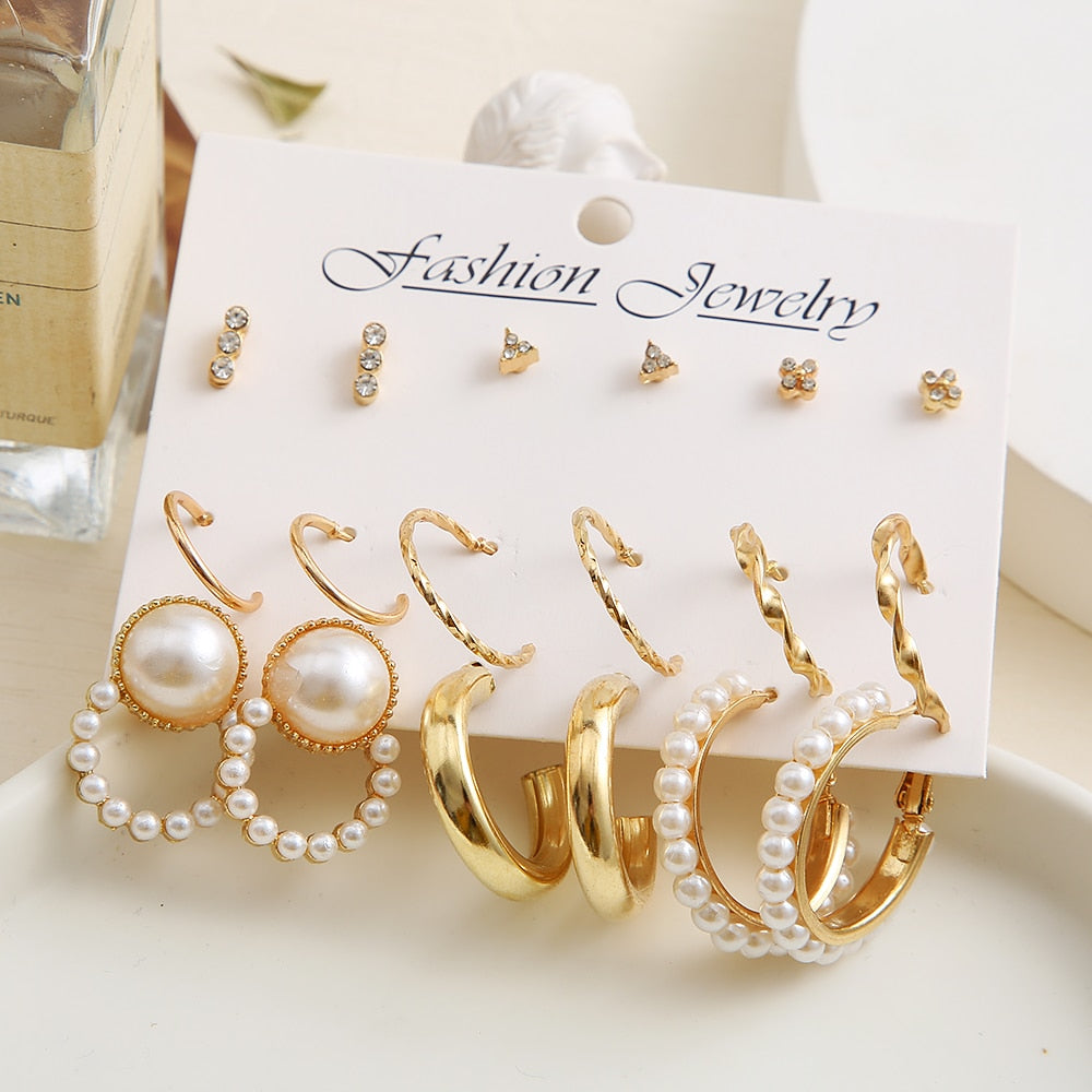 33 Styles 5-9Pairs Set Drop Hoop Earrings Set Acrylic Pearl Tassel Fashion Women