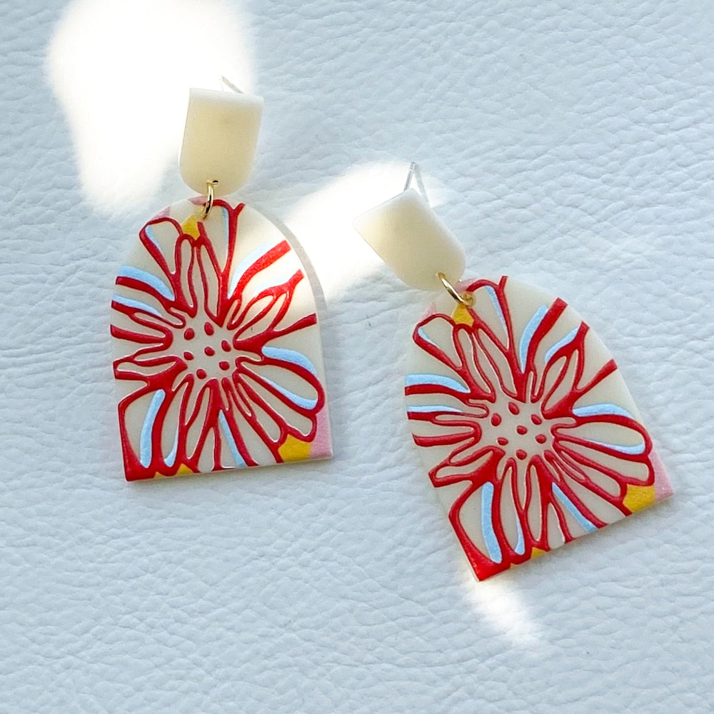 Large Red Flower Hand Painted Resin Drop Earrings Women Girl Party Gift Fashion