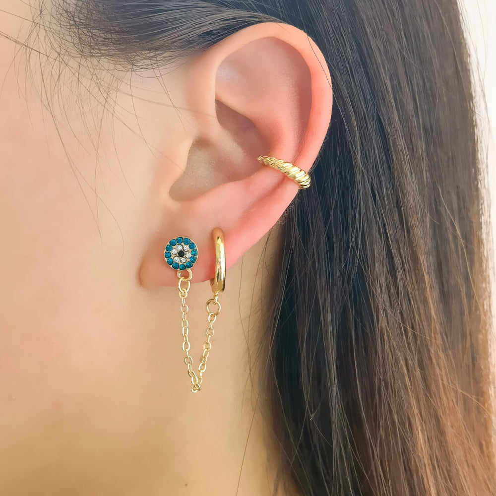 2pc Blue EYe Chain Boho Ear Cuff Set Earrings Women Travel Fashion Cartoon