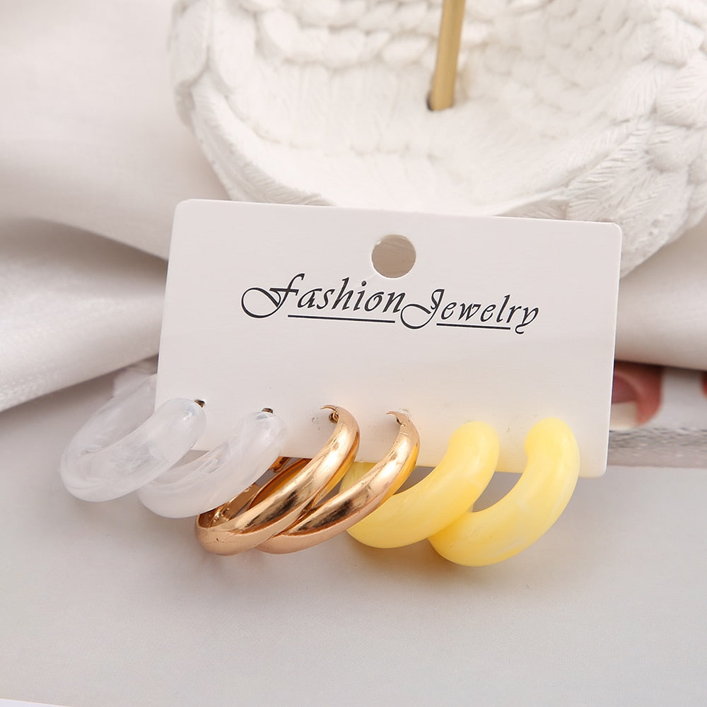 3pairs Resin Yellow Hoop Earrings Fashion Women Summer Party Jewelry Girls Gifts