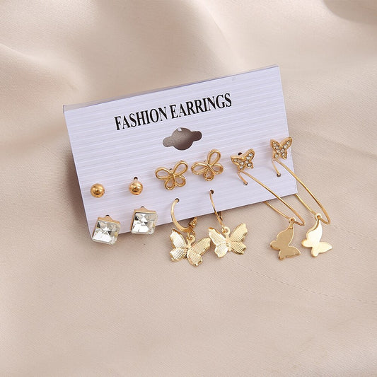 6 Pairs Butterfly Stud and Hoop Earrings Fashion Women Summer Party Jewelry