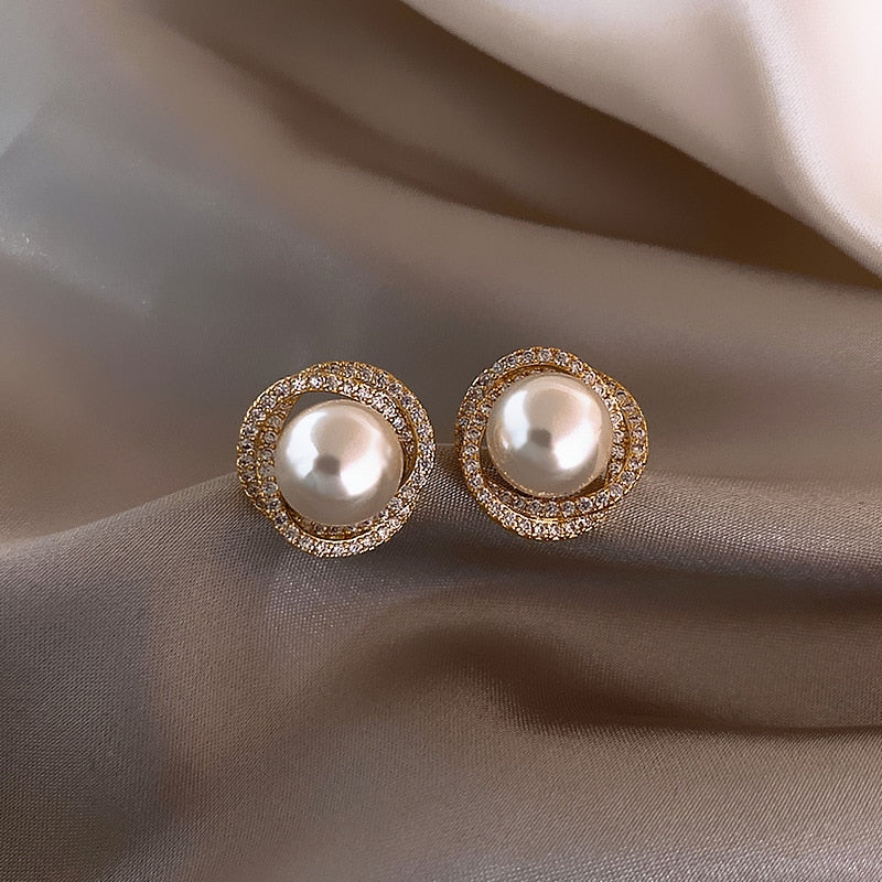 Rhinestone Flower Faux Pearl Stud Earrings Luxury Wedding Party Fashion Jewelry