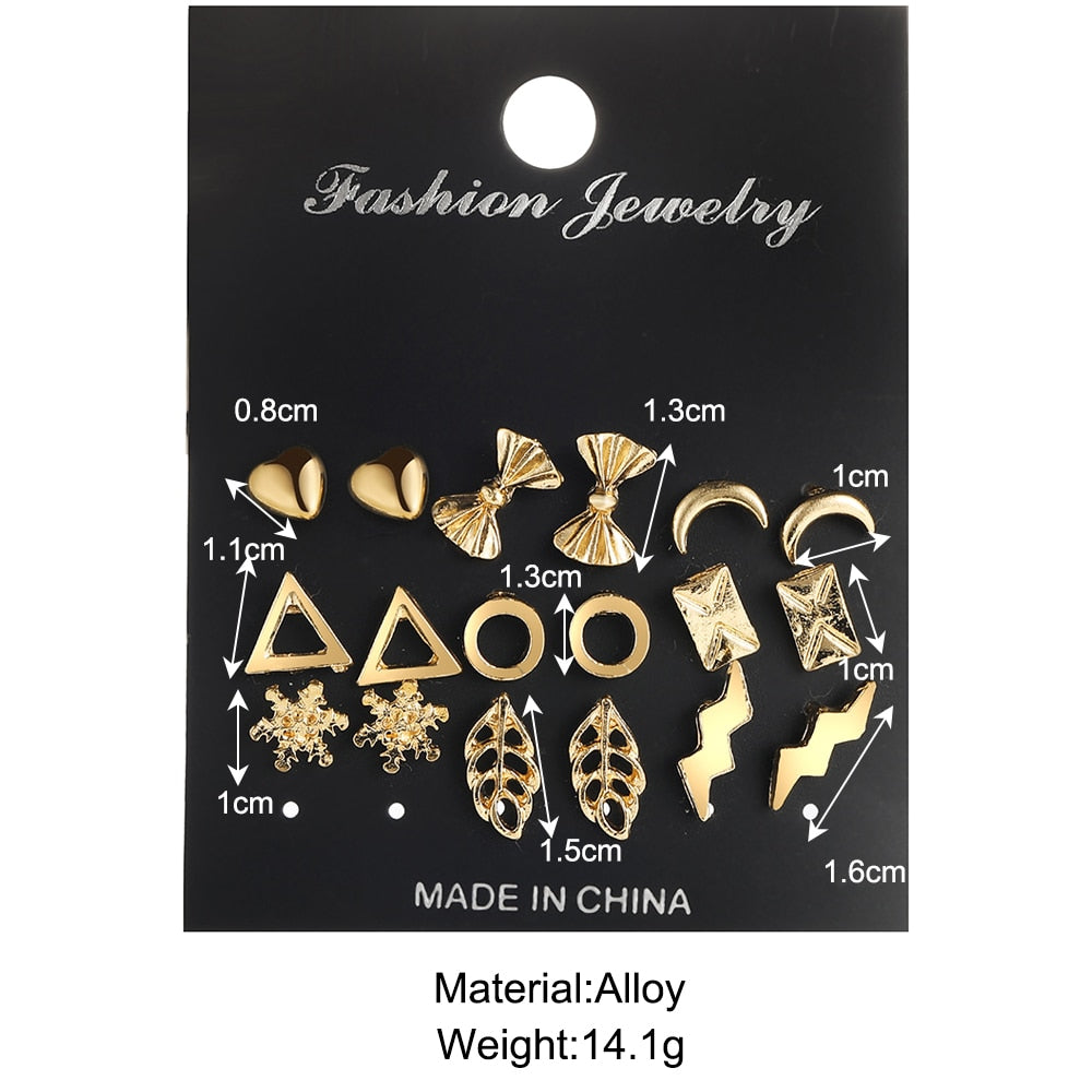 9pairs Leaf Star Moon Stud Earrings Fashion Women Summer Party Jewelry Girls