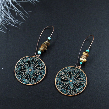 Hollow Turquoise Flower Round Dangling Drop Earrings Female Fashion Earrings