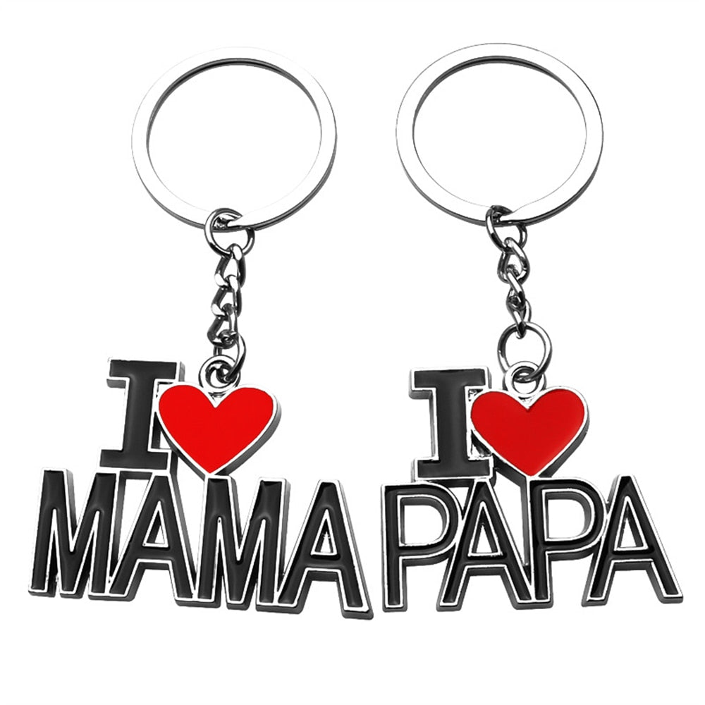 I Love Mama Papa Letters Metal Keychains Charms Mothers Fathers Day Gift Key