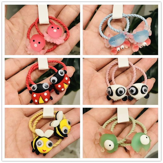 6 Styles 2Pcs Cartoon Animals Bee Children Elastic Hair Bands Ponytail Holder