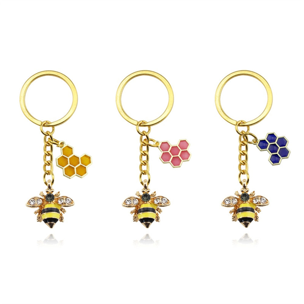 6 Styles Alloy Drip Oil Rhinestone Bee Keychain Hexagon Honeycomb Charms Key