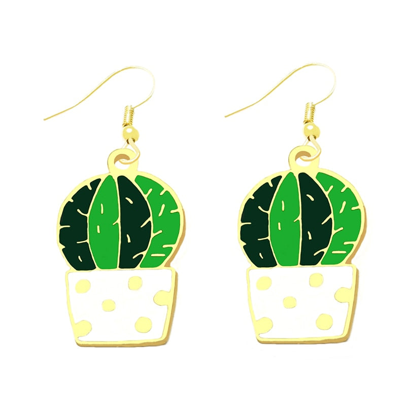 Two Tone Cactus Drop Earrings Cartoon Art Women Party Jewelry Ear Fashion