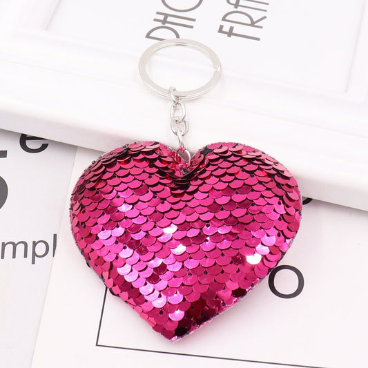 Hot Pink Heart Sequin Keychain Sparkling Love Keyring Women Shoulder Bag Mobile