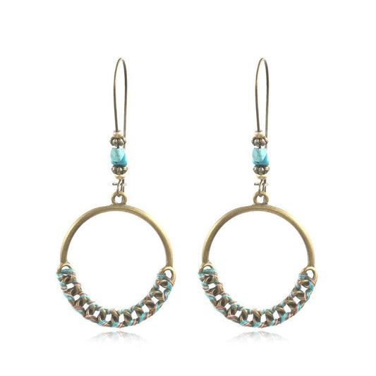 Turquoise Chain Decor Round Drop Charm Earrings For Women Girl Fashion Modern