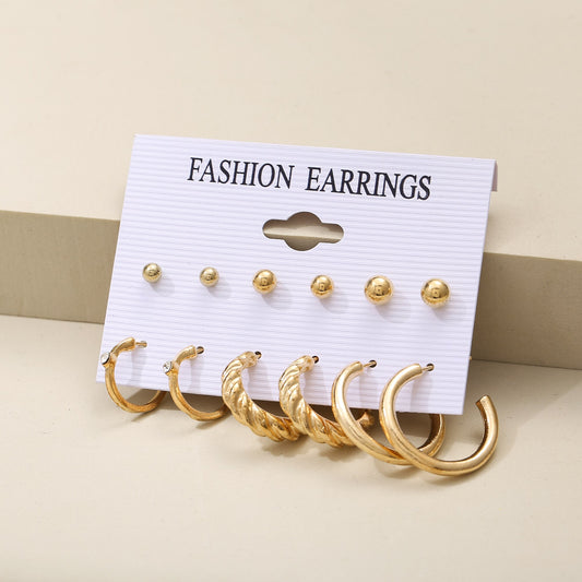 6pairs Plain Studs and Hoop Earrings Fashion Women Summer Party Jewelry Girls