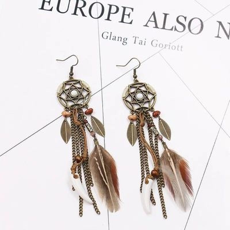 Boho Ethnic Dream Catcher Brown Tassel Feather Dangle Earrings Fashion Party