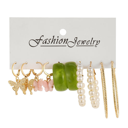 5 Pairs Faux Pearl Metal Green Hoop Earrings Set Fashion Women Summer Party