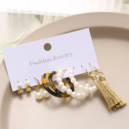 5pairs Imitation Pearl Khaki Tassel Drop Earrings Fashion Women Summer Party
