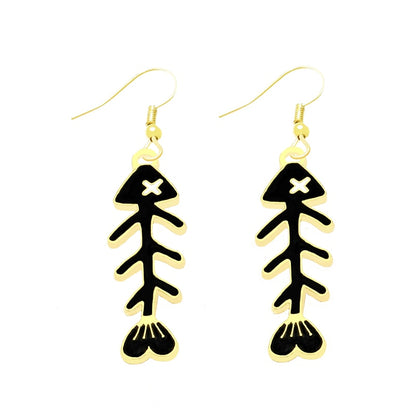 Black Fish Bone Drop Earrings Cartoon Ear Pendants Accessories Women Art Jewelry