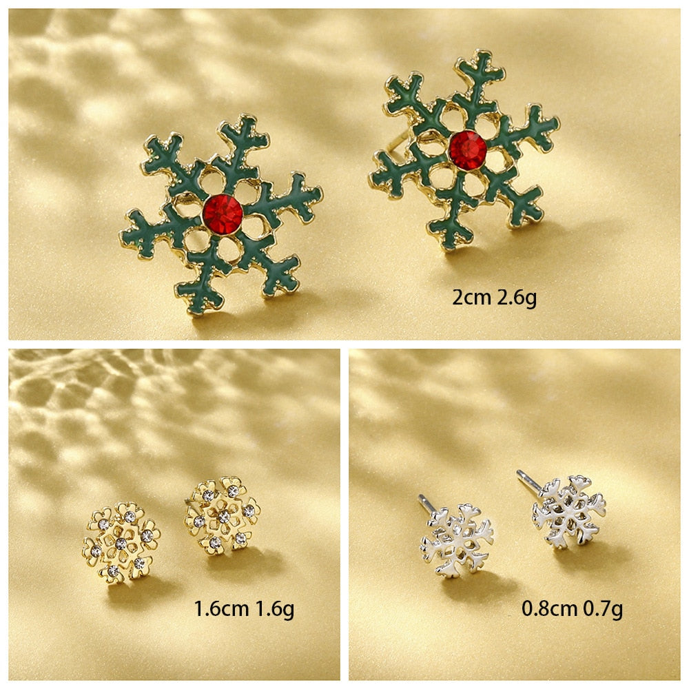 12 Styles Christmas Snowflake Elk Stud Earrings Cute Women Mini Zircon Ear