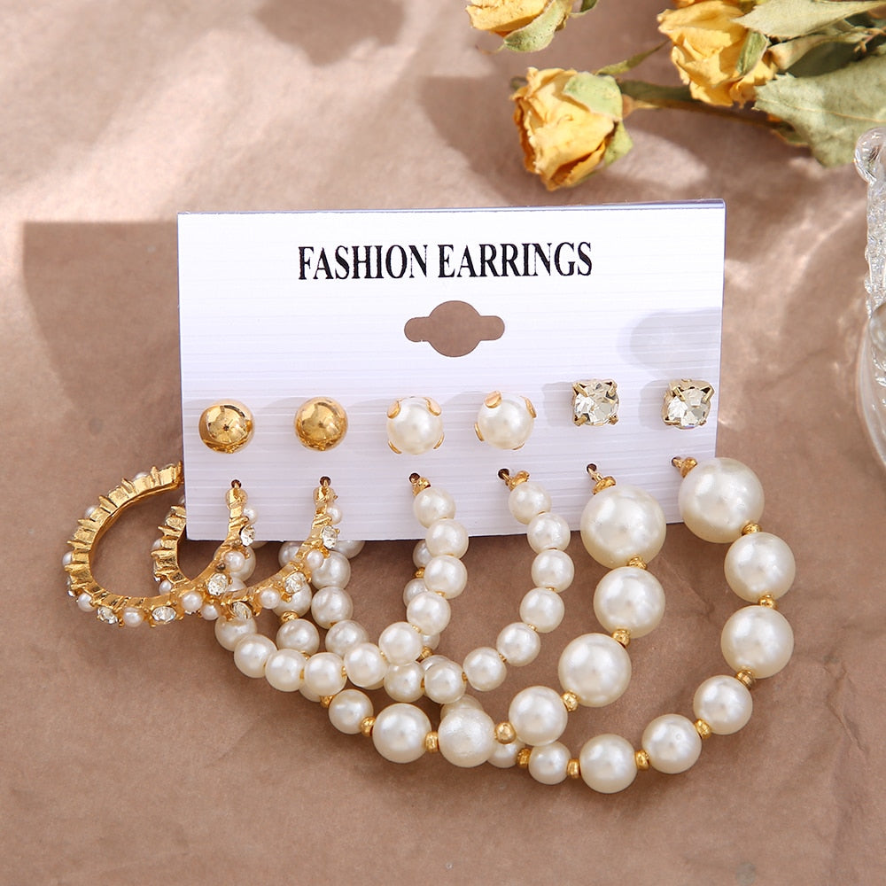 6pairs Mixed Tone Pearl Beads Hoop Earrings Fashion Women Summer Party Jewelry