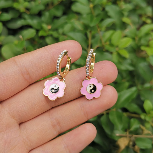 Rhinestone Pink Flower Dangle Earrings Women Girl Fashion Trendy Jewelry