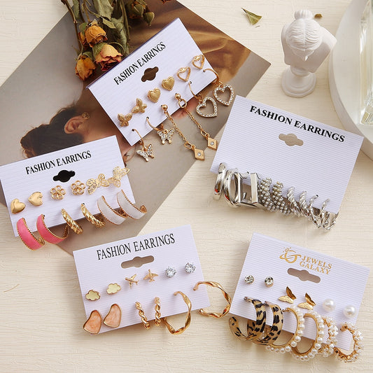 33 Styles 5-9Pairs Set Drop Hoop Earrings Set Acrylic Pearl Tassel Fashion Women