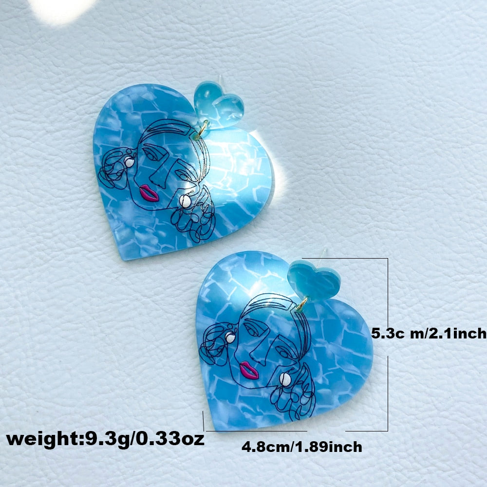 Blue Heart Girl Hand Painted Resin Drop Earrings Women Girl Party Gift Fashion