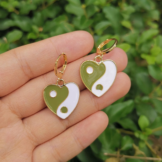 Olive Green Heart Yin Yang Dangle Earrings Women Girl Fashion Trendy Jewelry