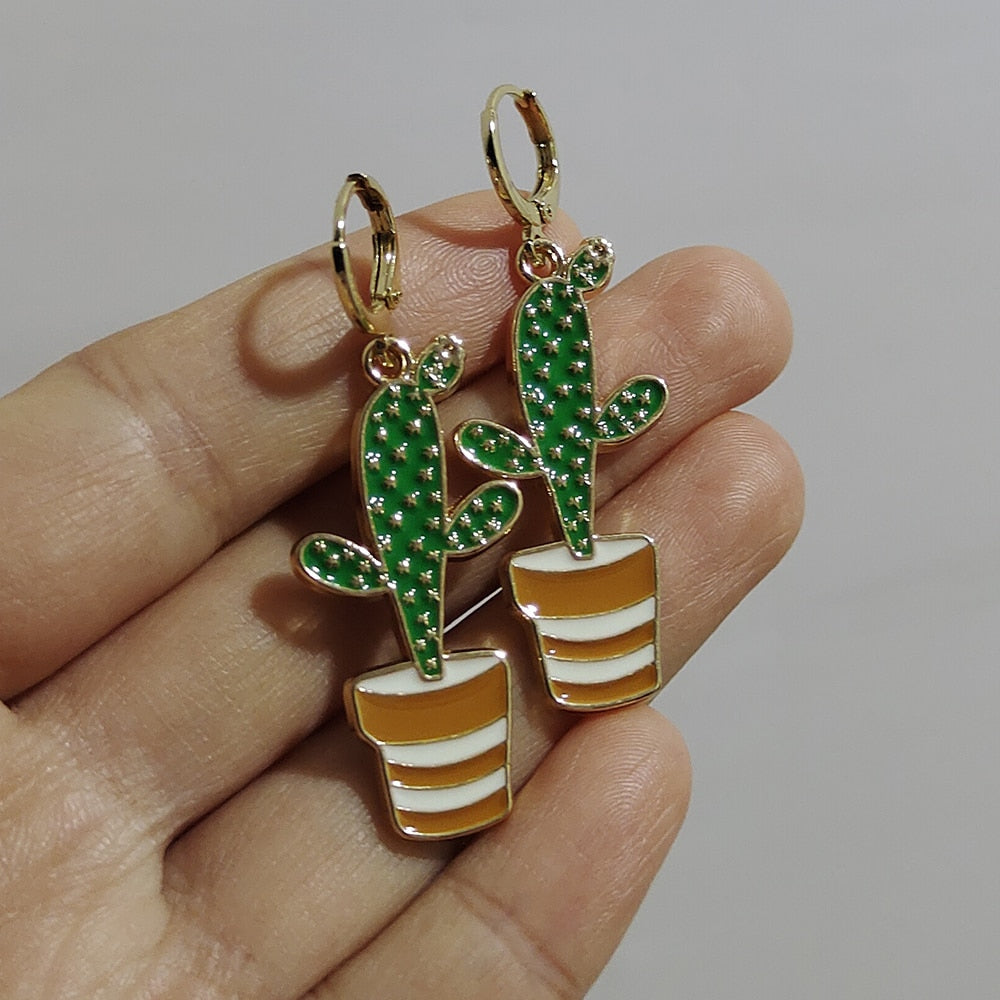 Brown Pot Cactus Drop Earrings Cartoon Ear Pendants Accessories Women Art