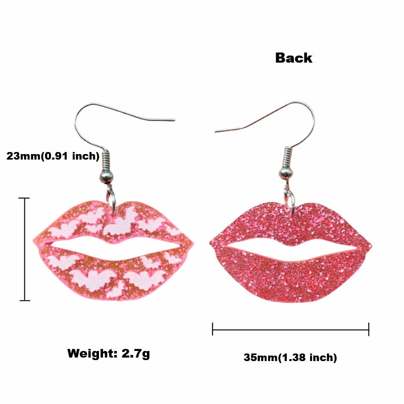 Glitter Pink Lip With Bat Acrylic Drop Earrings Fashion Women Summer Party