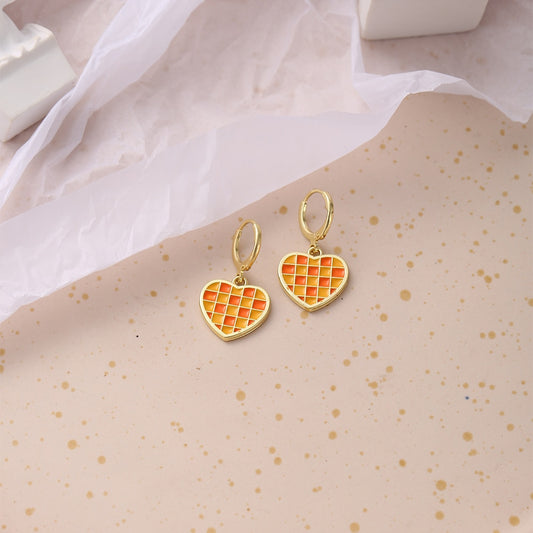 Orange Plaid Heart Dangle Earrings Fashion Party Girls Pendant Earrings Women