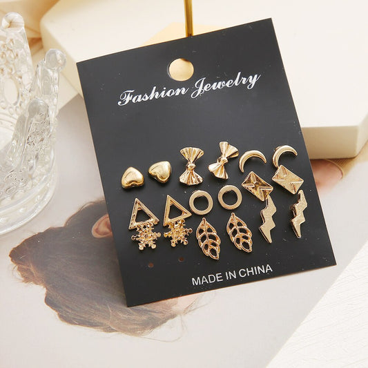 9pairs Leaf Star Moon Stud Earrings Fashion Women Summer Party Jewelry Girls