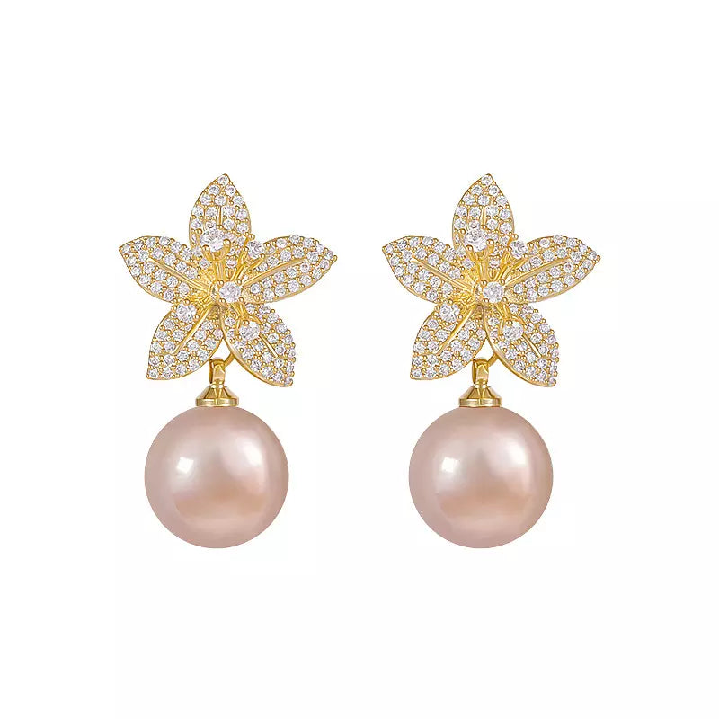 Rhinestone Flower Faux Pearl Stud Earrings for Women Girls Ear Studs Jewelry