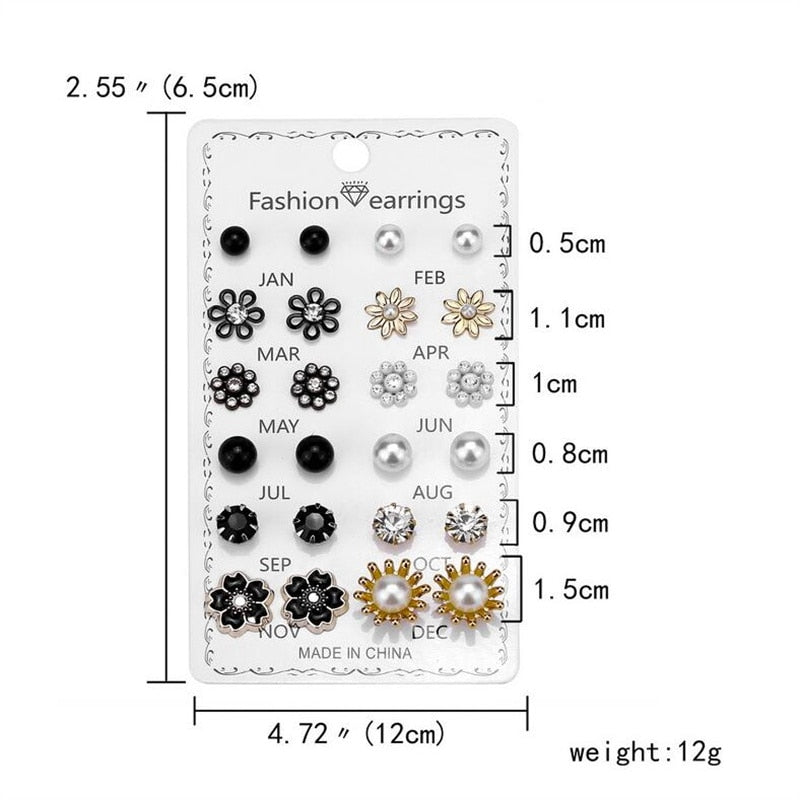 12Pairs/Set Crystal Rhinestone Flower Stud Earrings Women Gift Wedding Party