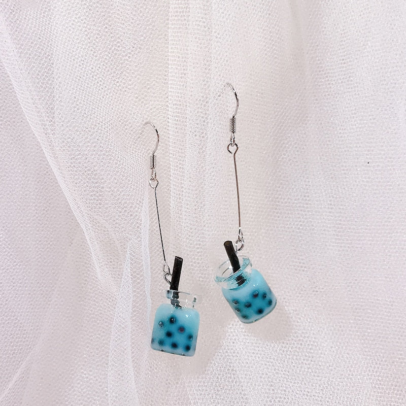 Blue Milk Tea Dangle Earrings for Girls Women Birthday Gift Lovely Jewelry