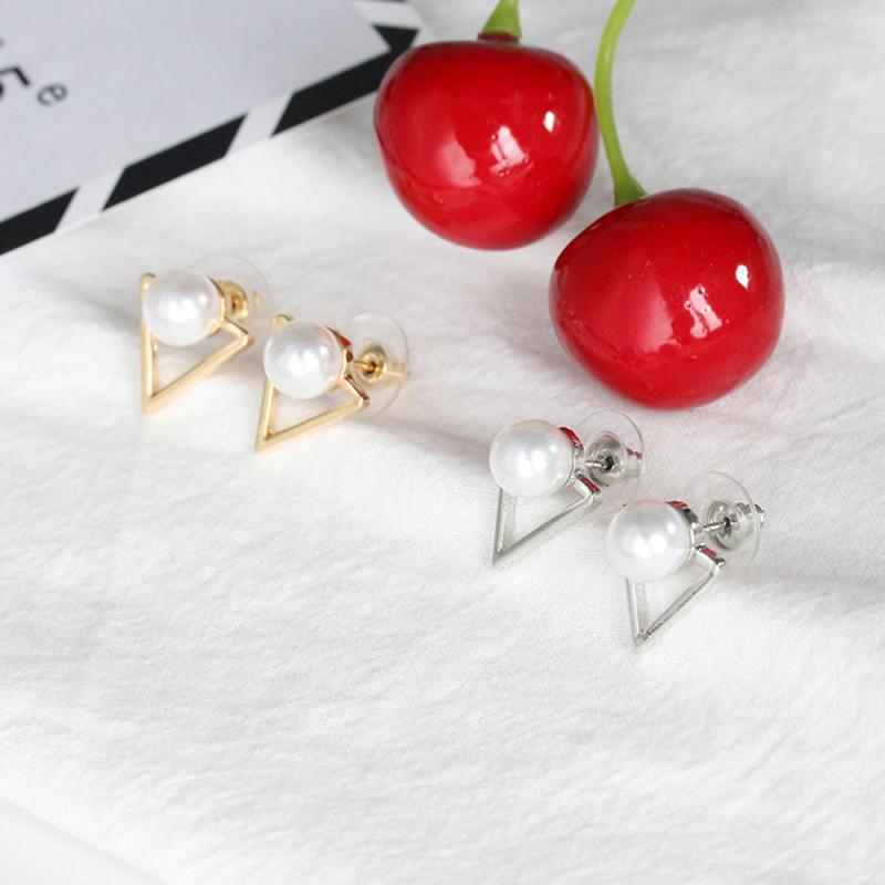 Triangular Pearl Stud Earrings Simple Style Hollow Triangle Pearl Earrings