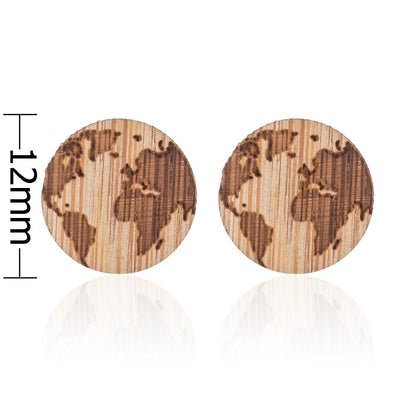 Wooden Planet Earth Lady Cute Stud Earrings for Women Jewelry Girls Earrings