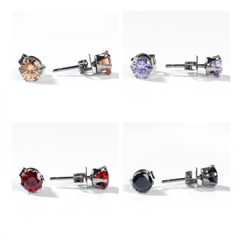 1 Pair Stainless Steel Cubic Zirconia Ear Post Stud Earrings Colorful Round