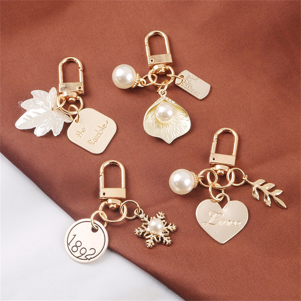 9 Styles Pearl Heart Leaf Keychain Charms Ins Metal Accessories Ladies Bag