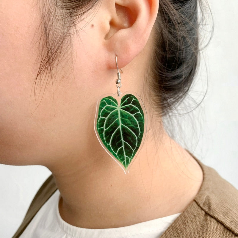 Acrylic Green Botanical Caladium Leaves Drop Earrings Fashion Women Summer Party