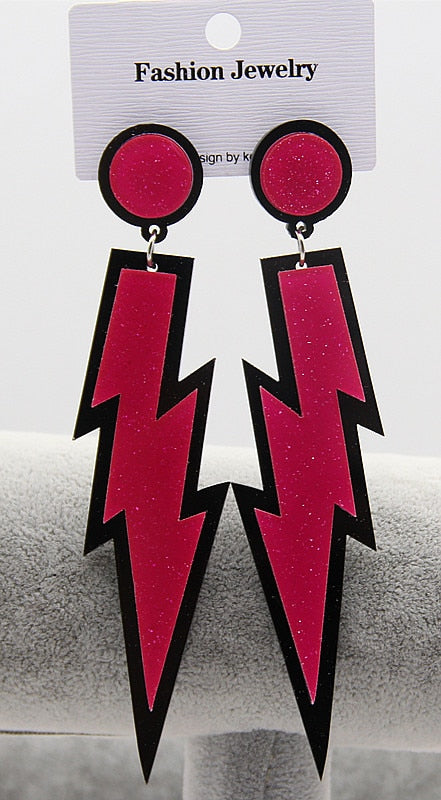 Hot Pink Glitter Lightning Acrylic Dangle Earrings Women Girl Fashion Trendy