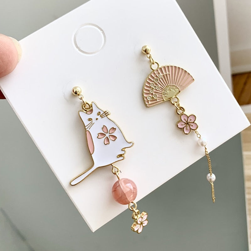 Cat and Fan Drop Earrings Women Party Wedding Jewelry Creative Gifts Earrings