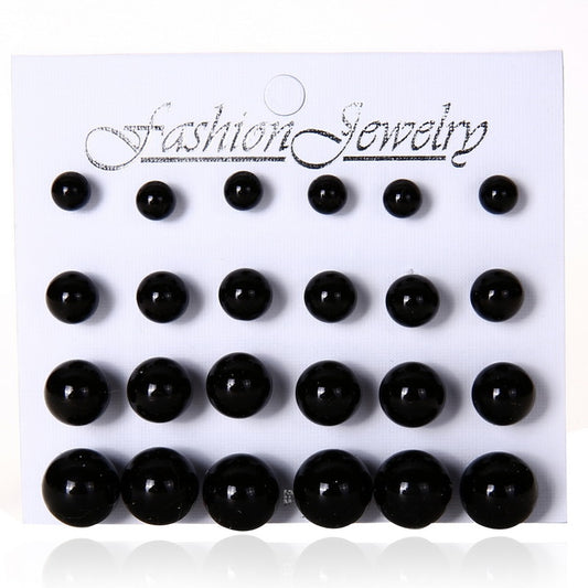 12 Pairs Black Faux Pearl Stud Earrings Women Gift Wedding Party Fashion Jewelry