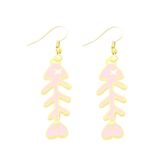 Pink Fish Bone Drop Earrings Cartoon Ear Pendants Accessories Women Art Jewelry