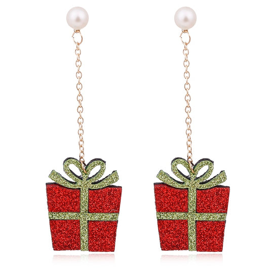 Red Christmas Present Box Drop Earrings Women Girl Fashion Cartoon Ear Jewelry