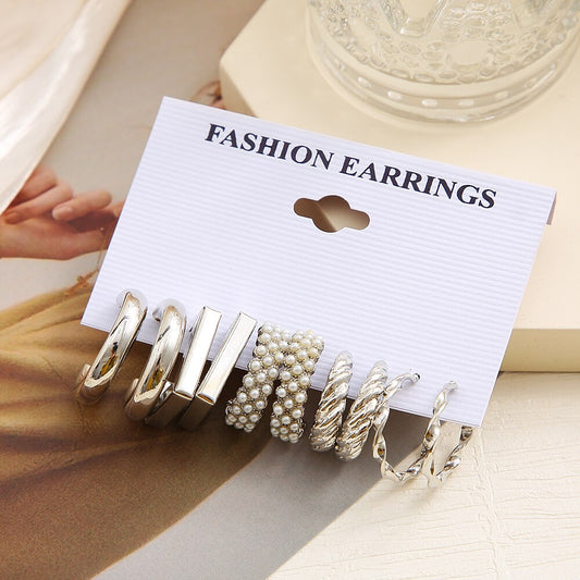 5pairs Twisted Silvery Hoop Earrings Fashion Women Summer Party Jewelry Girls
