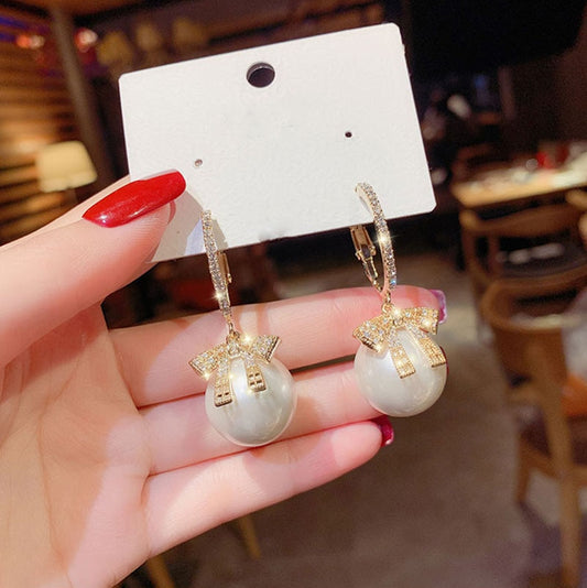 Pearl and Bow Decor Drop Earrings Women Girl Party Gift Fashion Ear Jewelry