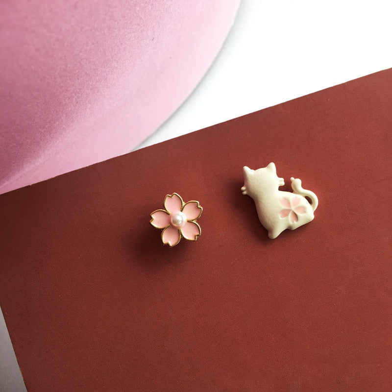 Pink Flower Cat Stud Earrings Women Party Wedding Jewelry Creative Gifts