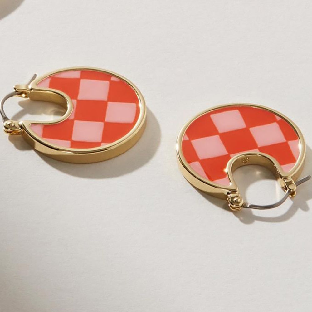 Red Checker Board Hoop Earrings Hip Hop Women Party Gift Jewelry Ear Fashion