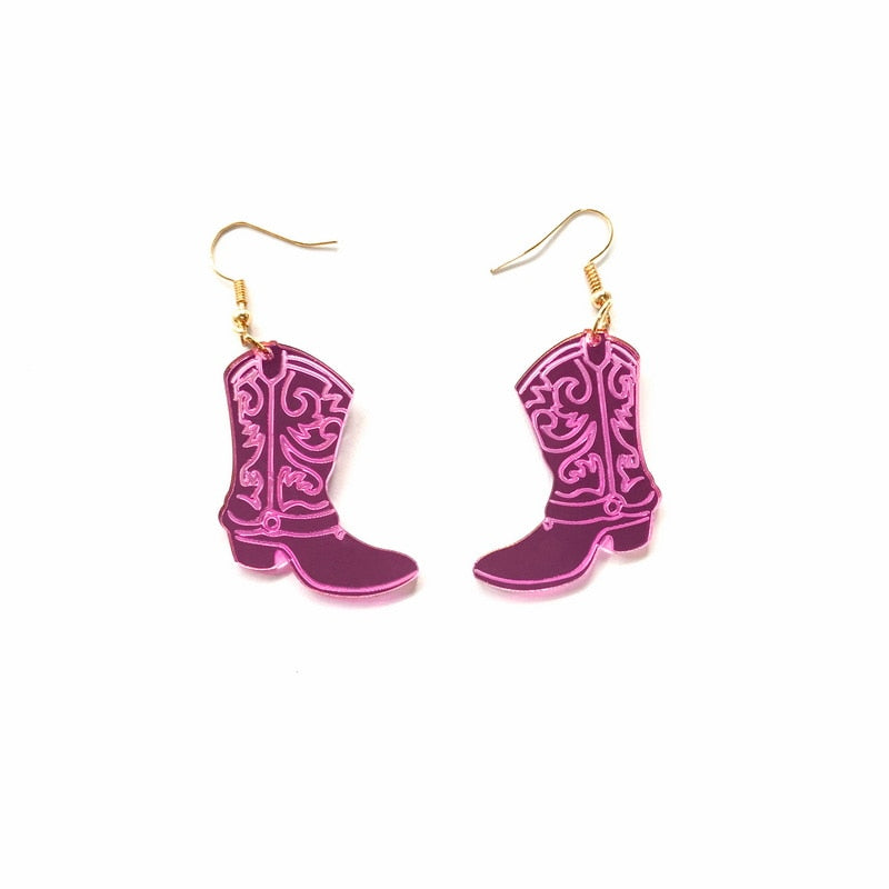 Mirror Laser Carved Pattern Pink Cowboy Boots Dangle Earrings for Girls Women