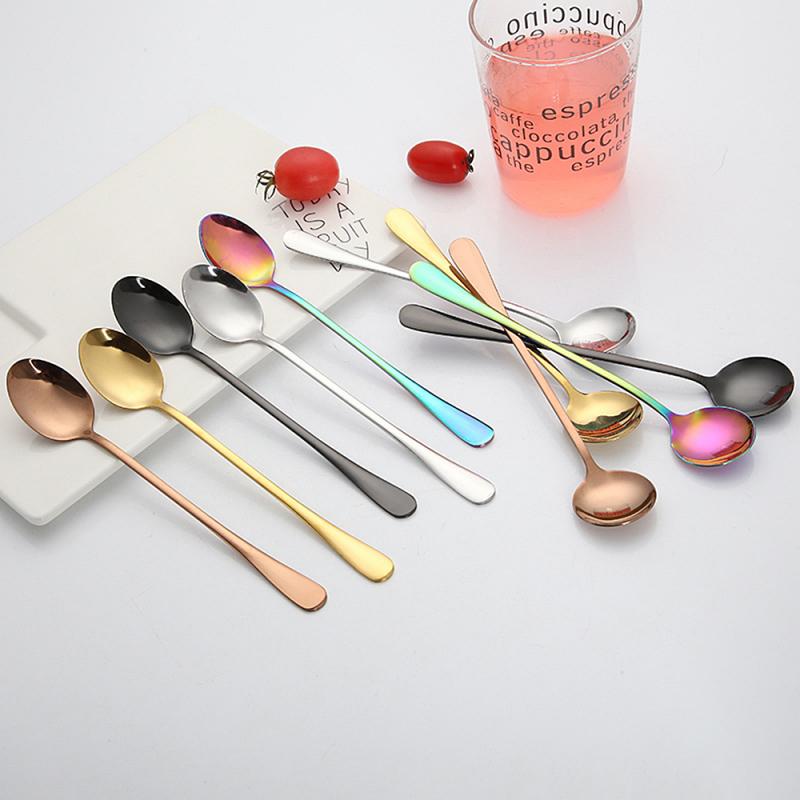 Long Spoons Coffee Salad Spoon Long Handle Round Spoons Dessert Stainless Steel