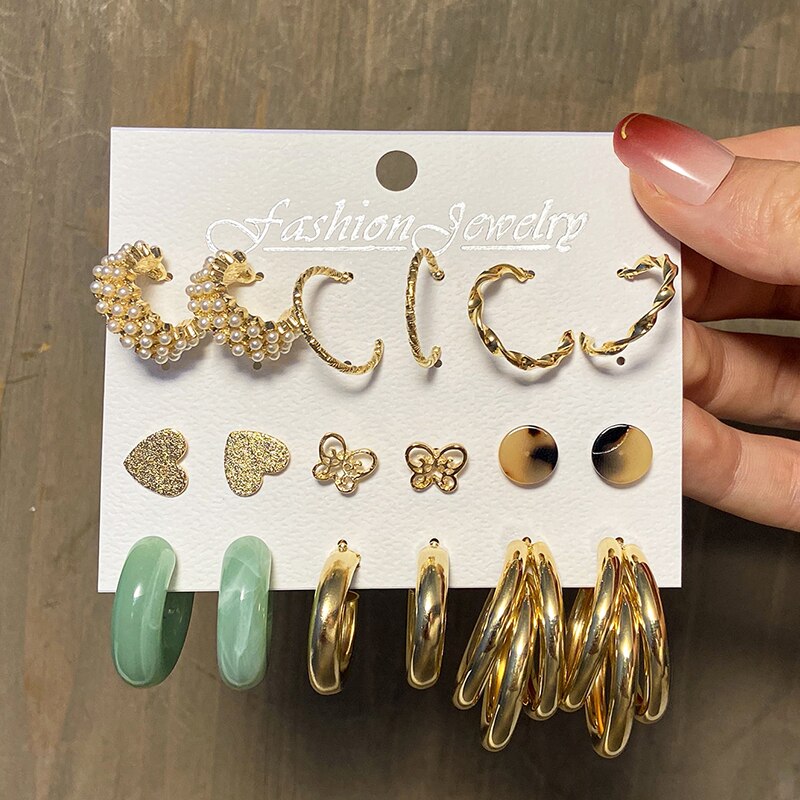 Mixed 3 Pairs Studs and 6Pairs Hoop Earrings Fashion Women Summer Party Jewelry